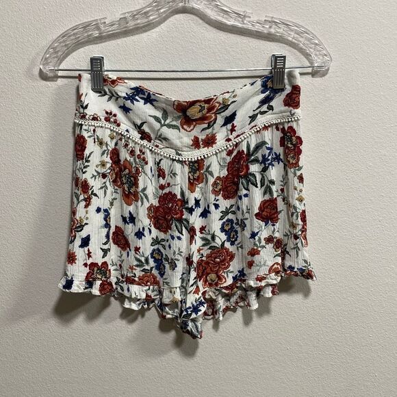 American Eagle Floral Ruffle Shorts S – Cream Red Blue Boho Pom Trim Festival AE - Picture 4 of 12